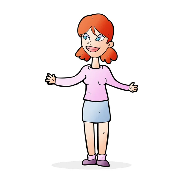 Gelukkige vrouw cartoon shruggin schouders — Stockvector