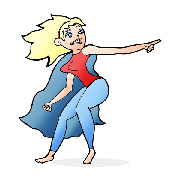 Wanita pahlawan super kartun menunjuk - Stok Vektor