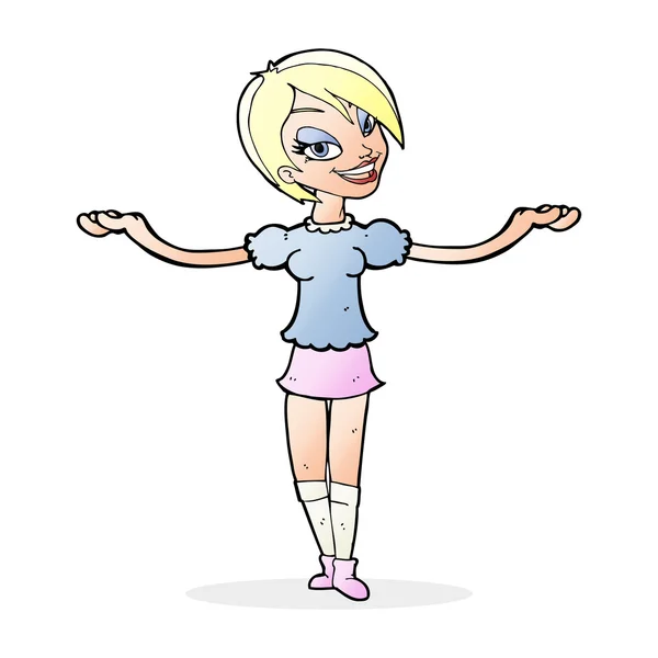 Femme dessin animé faisant geste bras ouvert — Image vectorielle
