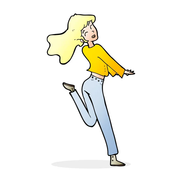 Cartone animato ragazza felice calci fuori gamba — Vettoriale Stock