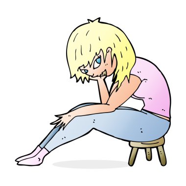 Çizgi filmdeki kadın küçük bir taburede oturuyor.