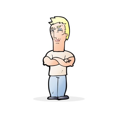 Çizgi filmdeki kolları katlanmış sinirli adam.