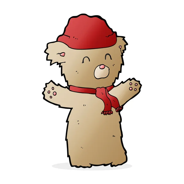 Cartooon teddy bear in hat and scarf — Stock Vector