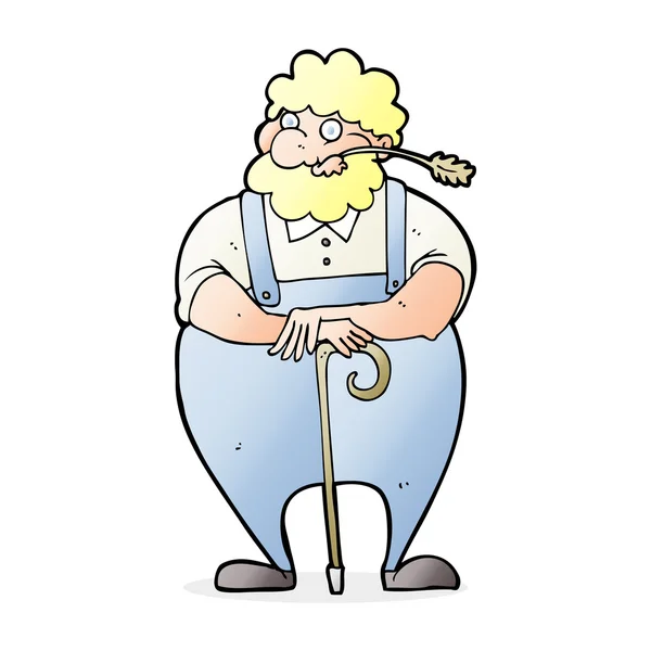 Cartoon farmer leaning on walking stick — Stock Vector