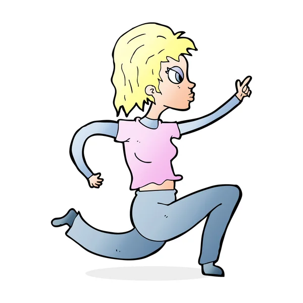 Mujer de dibujos animados corriendo y señalando — Vector de stock