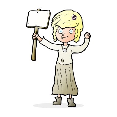 Protesto işareti olan hippi kız.