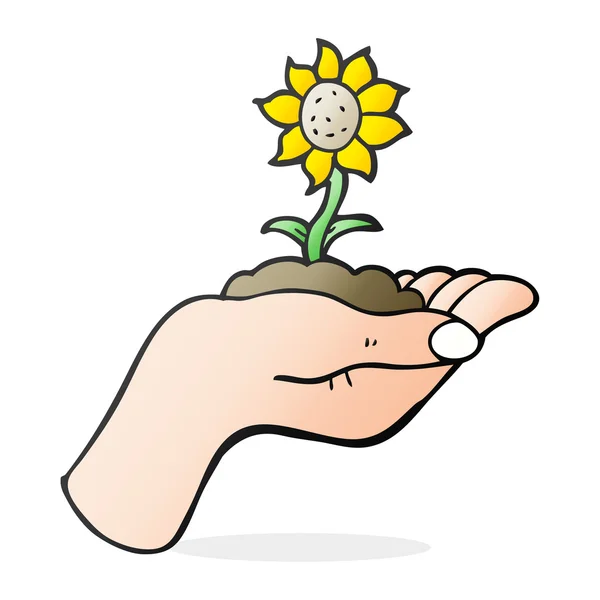 Cartoon flower growing in palm of hand — Stock Vector