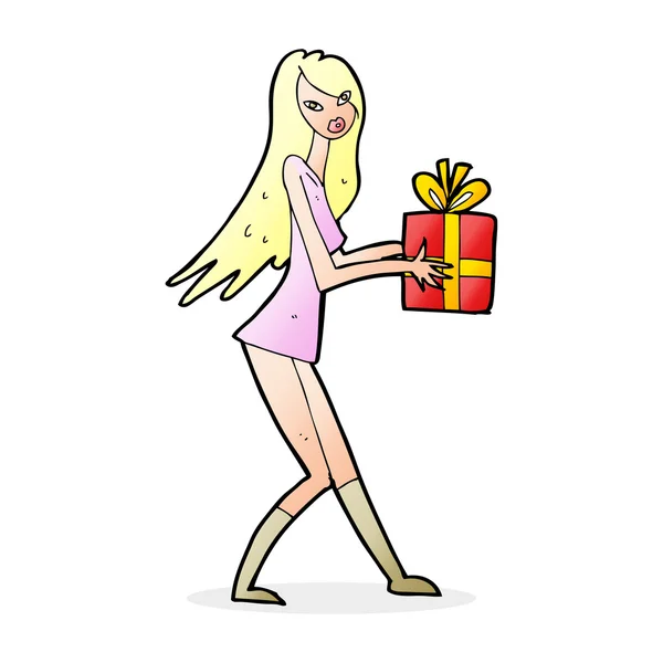 Cartoon fashion girl with present — Stock Vector