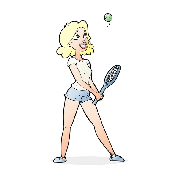 Dibujos animados mujer jugando tenis — Vector de stock