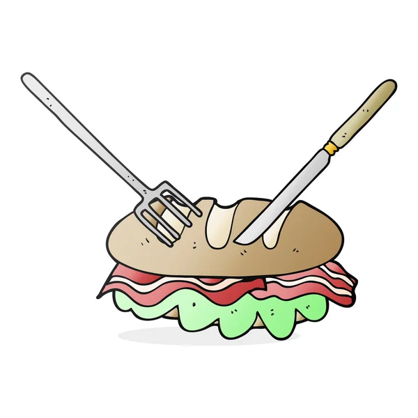 Cuchillo de dibujos animados y tenedor de corte enorme sándwich — Vector de stock