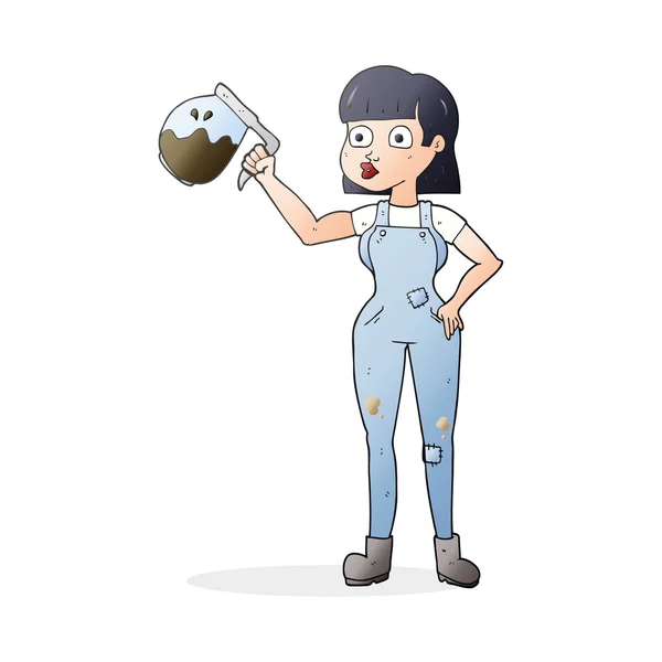 Cartoon vrouw in tuinbroek met koffie — Stockvector