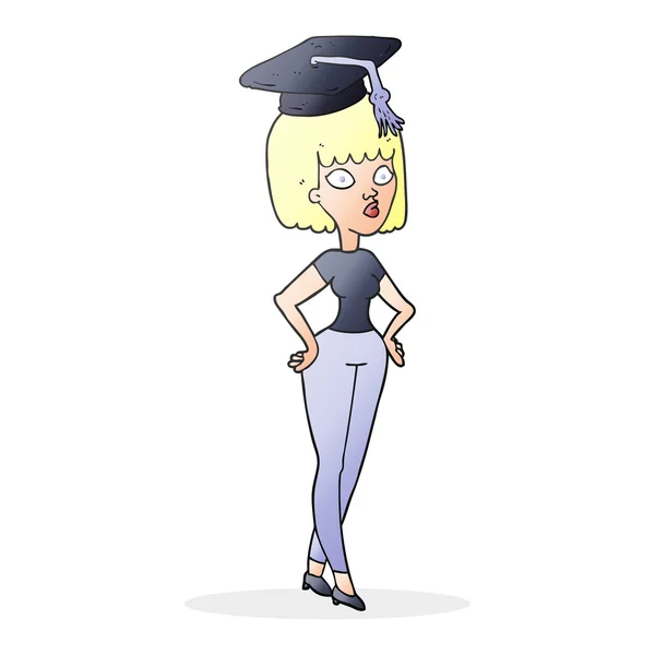 Mujer de dibujos animados con gorra de graduación — Vector de stock