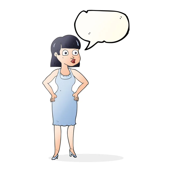 Konuşma kabarcık karikatür kadınla kalçalarına eller — Stok Vektör