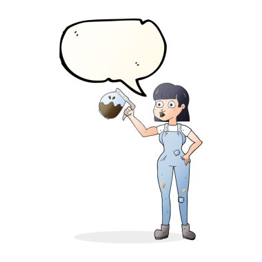 konuşma kabarcık karikatür kadın kahve ile kaba pamuklu tulum 