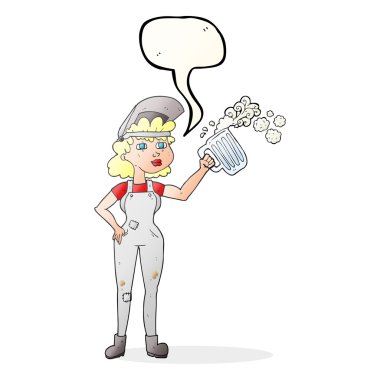 konuşma kabarcık karikatür çok çalışkan kadın bira ile 