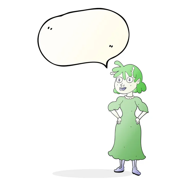 Discours bulle dessin animé alien femme — Image vectorielle
