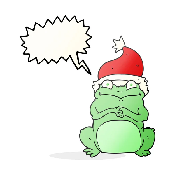 Discurso burbuja dibujos animados rana usando sombrero de Navidad — Vector de stock