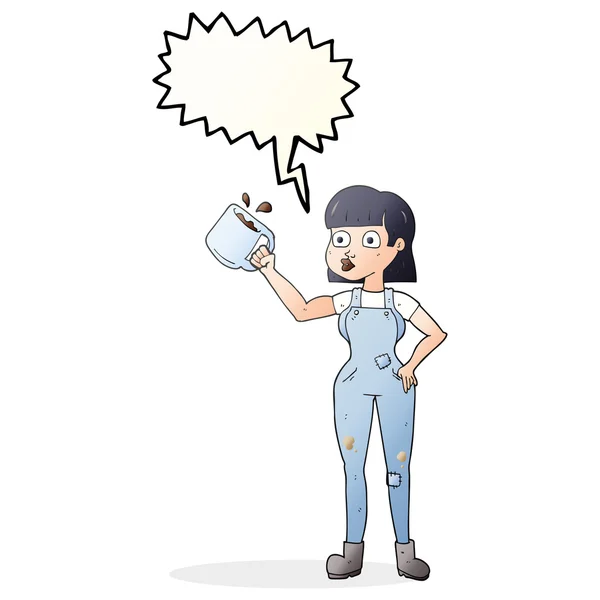 Sprechblase Karikatur einer Arbeiterin mit Kaffeebecher — Stockvektor