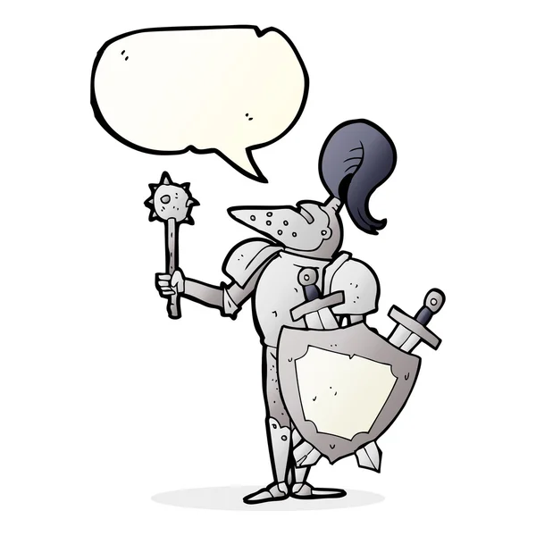 Discorso bolla cartone animato cavaliere medievale con scudo — Vettoriale Stock