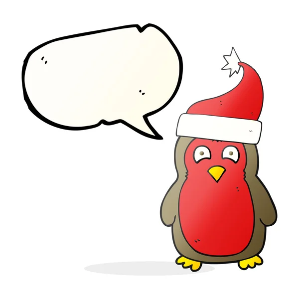 Discorso bolla cartoni animati natale pettirosso indossa cappello di Babbo Natale — Vettoriale Stock