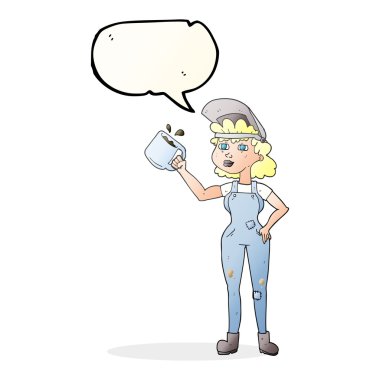 konuşma kabarcık karikatür kadında kaba pamuklu tulum