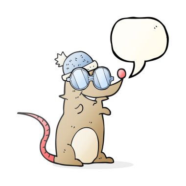 gözlük ve şapka giyen konuşma kabarcık karikatür fare