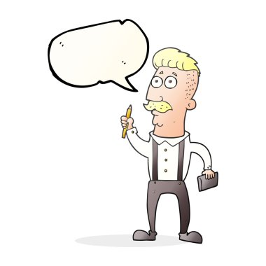 konuşma kabarcık karikatür adam defter ile