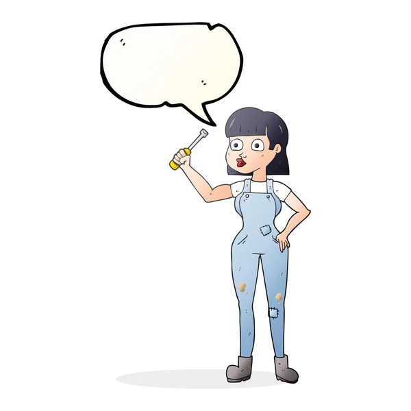 Speech bubble cartoon female mechanic — Stock Vector