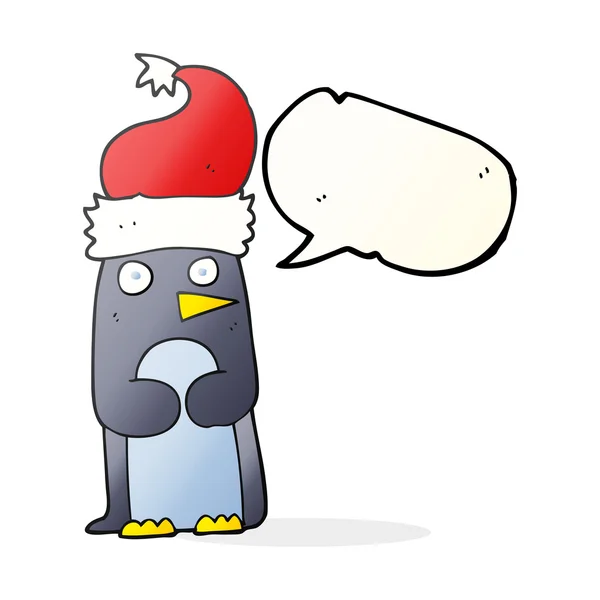 Speech bubble cartoon penguin in christmas hat — Stock Vector