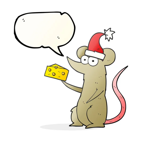 Speech bubble cartoon christmas mouse with cheese — Stock Vector