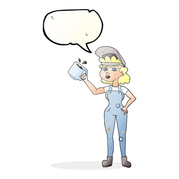 Voz burbuja mujer de dibujos animados en dungarees — Vector de stock