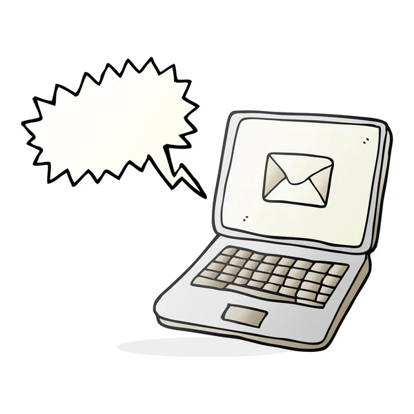 Mowy Bańka kreskówka laptop komputer z symbol wiadomości na scr — Wektor stockowy