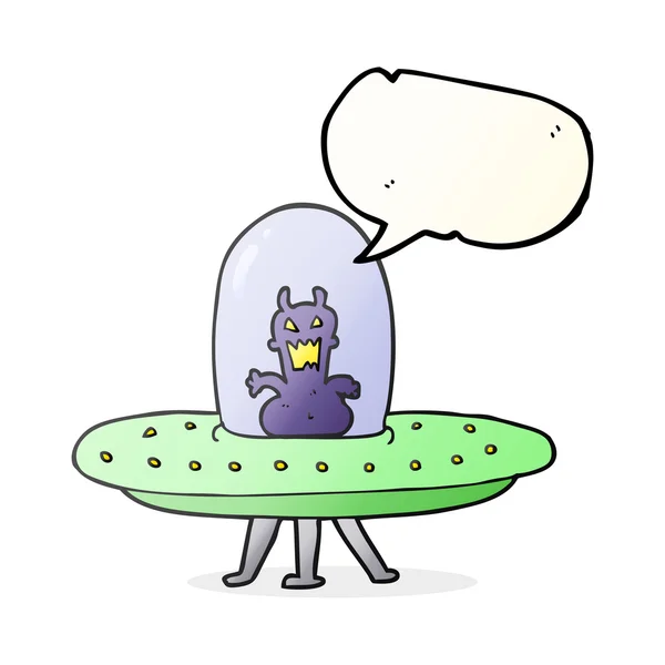 Discours bulle dessin animé alien dans soucoupe volante — Image vectorielle