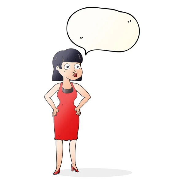 Parole bulle dessin animé femme en robe avec les mains sur les hanches — Image vectorielle