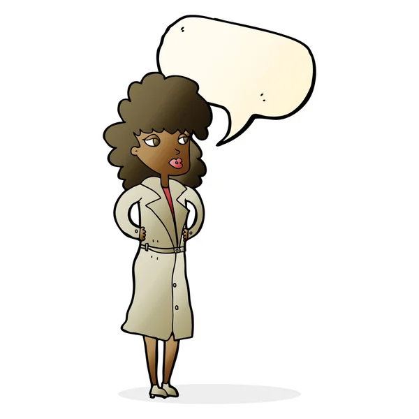 Cartoon woman in trench coat with speech bubble — Stock Vector