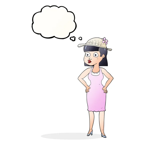 Pensamento bolha cartoon mulher usando chapéu de sol — Vetor de Stock