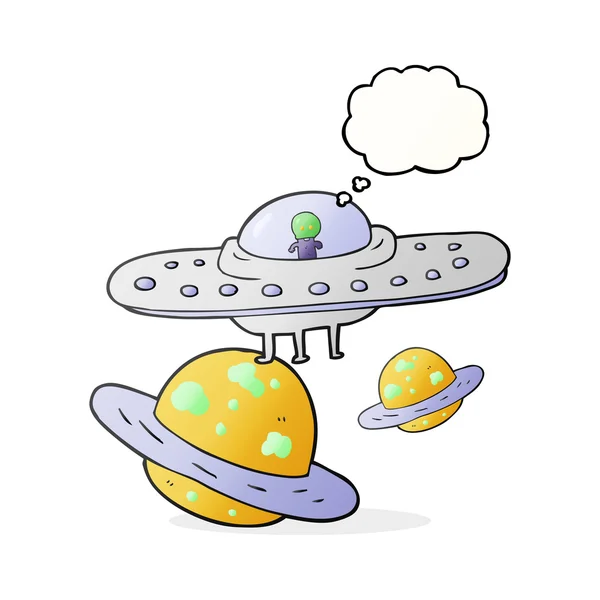 Gedachte zeepbel cartoon vliegende schotel in de ruimte — Stockvector