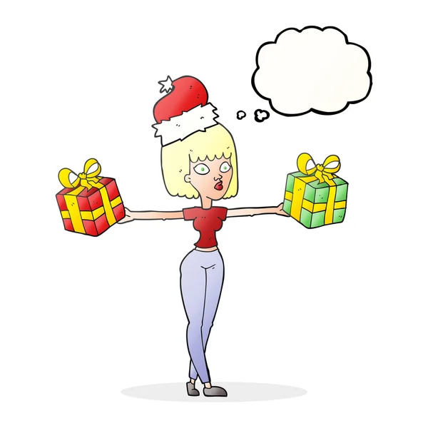 Thought bubble cartoon woman with xmas presents — Stock Vector