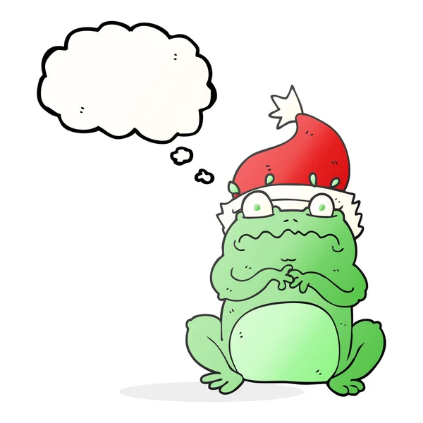 Pensée bulle grenouille dessin animé dans le chapeau de Noël — Image vectorielle