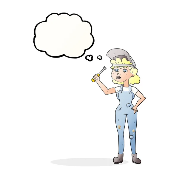 Gedankenblase Cartoon weibliche Mechanikerin — Stockvektor