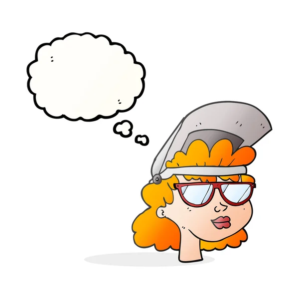 Pensamento bolha cartoon mulher com máscara de solda e óculos — Vetor de Stock