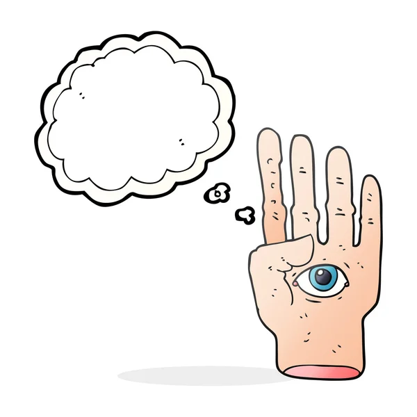 Pensamiento burbuja de dibujos animados espeluznante mano con globo ocular — Vector de stock