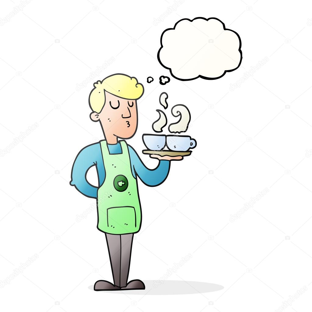 Düşünce kabarcık karikatür barista kahve servisi Vektörel çizim