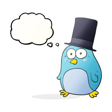 Silindir şapka giyen düşünce kabarcık karikatür kuş