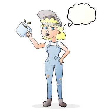 kabarcık karikatür kadın kaba pamuklu tulum içinde düşündüm