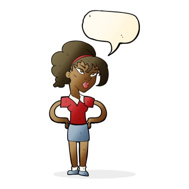 Kalçasında konuşma balonu olan çizgi filmdeki kadın.