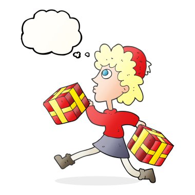 kadın ile çalışan düşünce kabarcık karikatür sunar