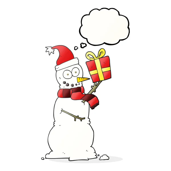 Thought bubble cartoon snowman holding present — Stock Vector