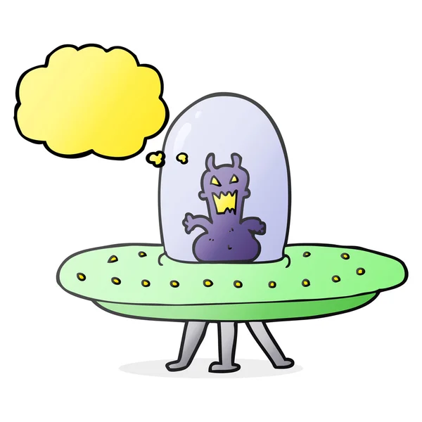 Pensée bulle dessin animé alien dans soucoupe volante — Image vectorielle