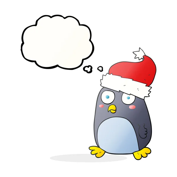 Gedankenblase Cartoon-Pinguin in Weihnachtsmütze — Stockvektor